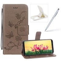 Strap Leather Case for Galaxy Note 8 Grey Wallet Leather Cover for Galaxy Note 8 Herzzer Classic Pretty Butterfly Lotus Drawing Embossed Magnetic Stand Card Holders Smart Case with Soft Inner - B07GXNP34W